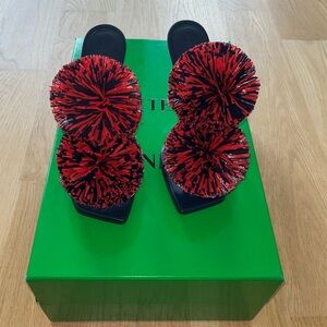 Bottega Veneta Red and Black Pom-Pom Mules
